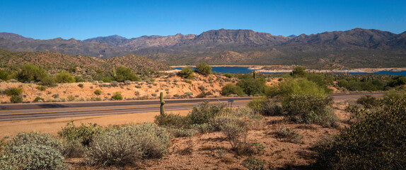 Rugged desert mountain and road topography landscape near the Bartlett Lake in Tonto National Forest in Arizona