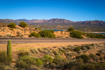 Rugged desert mountain and road topography landscape near the Bartlett Lake in Tonto National Forest in Arizona