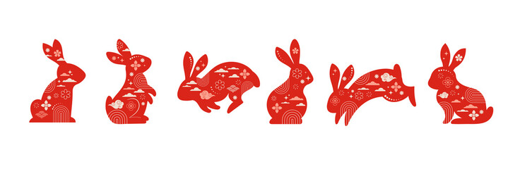 Collection of rabbits, bunnies illustrations. Chinese new year 2023 year of the rabbit - set of traditional Chinese zodiac symbol, illustrations, art elements. Lunar new year concept, modern design