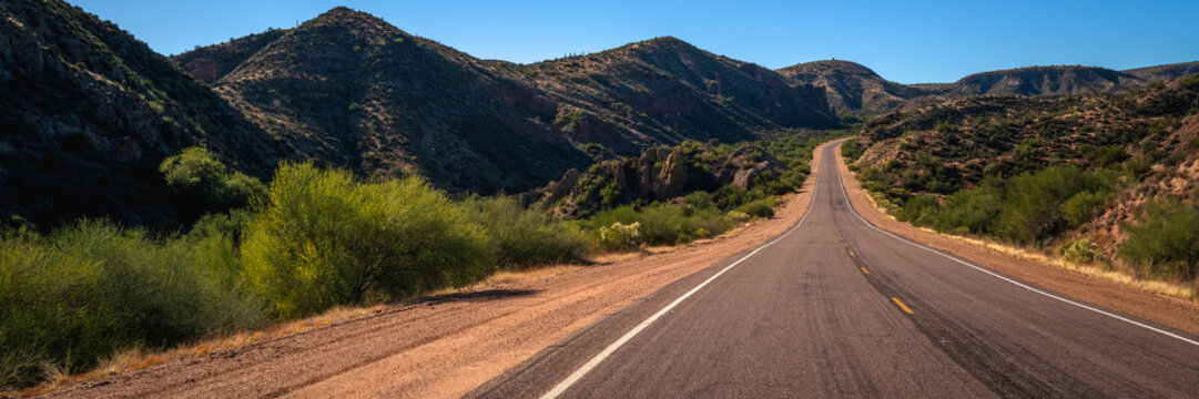 Road to the mountains in Tonto National Forest, near Carefree and Phoenix in Arizona