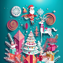 Paper cut Christmas illustration, Santa, Christmas trees, colorful, beautiful, paper craft,  landscape