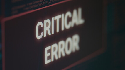 Computer displaying critical error message flashing on screen after cyber crime attack and hacking alert. Monitor display showing computer malfunction and error threat, system crash. Close up.
