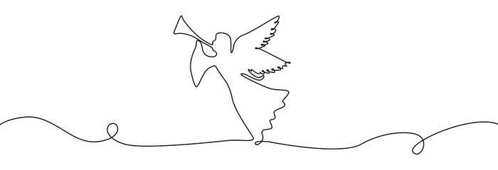 Christmas angel one line .Christmas and religion symbols isolated on white. Angel trumpets continuous line.Angel silhouette .