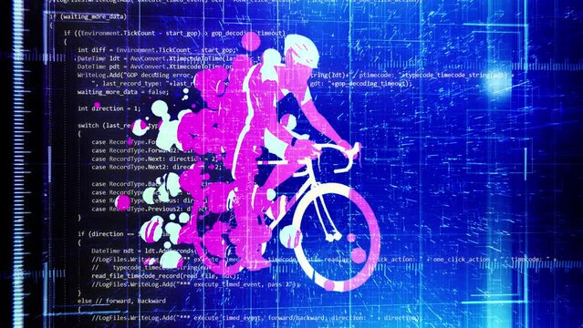 Motion graphic with man riding bicycle and technology elements in background