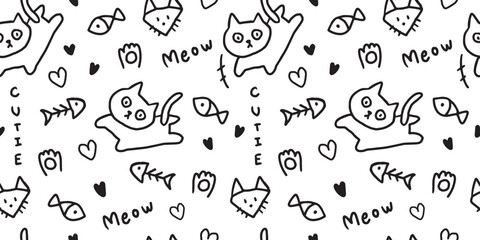 Cat doodle hand-drawn seamless pattern background for template, poster, wrapping, textile, education etc