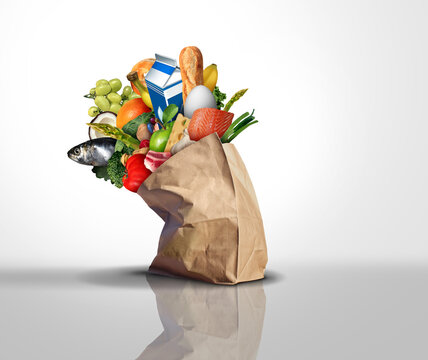 Grocery Bag Full Of Groceries representing consumer prices and food cost or super market price and home budget and family budgeting concept as store products coming out of a supermarket bag