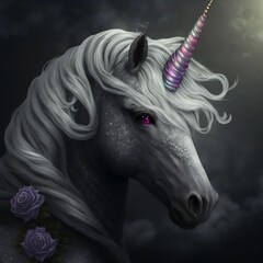 Purple Horned Unicorn with Purple Roses in Gothic Illustration Style | Created Using Midjourney and Photoshop