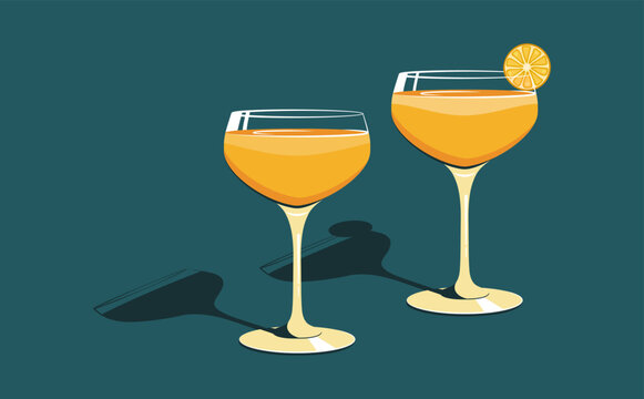 Two glasses of cocktails with orange garnish drawing in high contrast retro art style. Elegant vintage orange drinks casting shadows on a surface vector illustration.