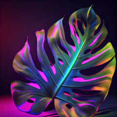 Illustration of a giant monstera in neon lights on the black background.