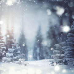 Winter and Christmas blurred background. Snow falling in the woods. Pines heavy covered with snow.