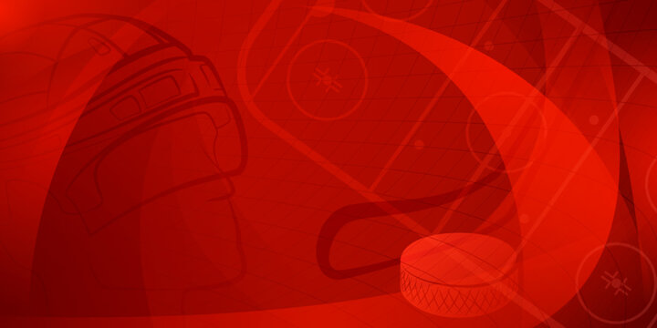 Abstract background in red colors with different hockey symbols such as puck, stick, helmet, ice rink