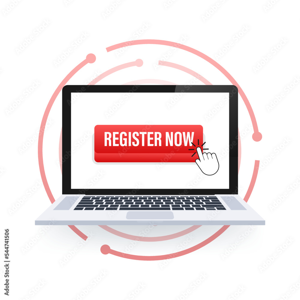 Poster register now with cursor button. internet icon. pointer click icon. vector stock illustration.