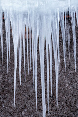 Dangerous and sharp icicles hang from roof of house. Ice layers of icicles hang dangerously from roof of house.