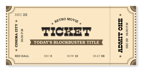 Event ticket template in retro style. For cinemas, parties, clubs, concerts and other events. Vector, printable. Just add your text. - obrazy, fototapety, plakaty