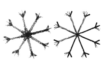 Outline drawing of a snowflake in a doodle style. Set of two images. Line art. Icon. Isolate