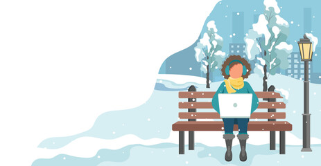 Naklejka premium Happy girl sitting on a bench in the winter park. Cartoon vector illustration for public garden, vacation concept.