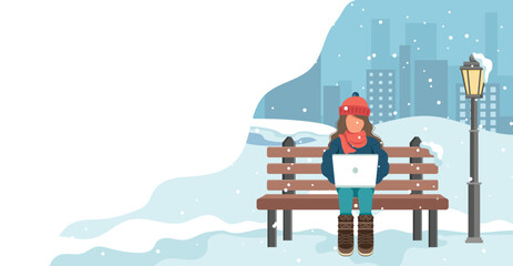 Obraz na płótnie Canvas Happy girl sitting on a bench in the winter park. Cartoon vector illustration for public garden, vacation concept.