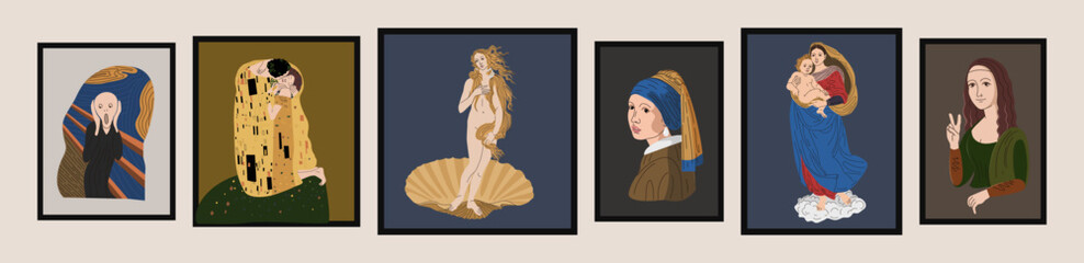 Famous paintings in vector. Exhibition of classical painting. Gallery of works of art. masterpieces of world art.