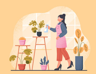 Woman care of plants. Young girl watering leaves and flowers. Horticulture and environmental care. Comfort and coziness in apartment, element of interior and decor. Cartoon flat vector illustration