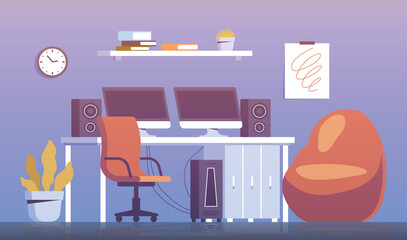 Gamer room concept. Armchair with two computer monitors. Gadgets and devices for entertainment. Modern technologies and digital world. Poster or banner for website. Cartoon flat vector illustration