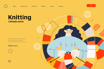 Lifestyle web template - Knitting - modern flat vector illustration of a woman wearing glasses knitting a long striped scarf with knitting needles. People activities concept