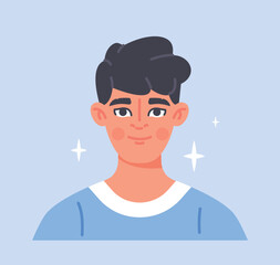 Avatar or portrait of person. Poster with young guy or teenager in stylish blue sweater. Handsome character university student. Design element for social networks. Cartoon flat vector illustration