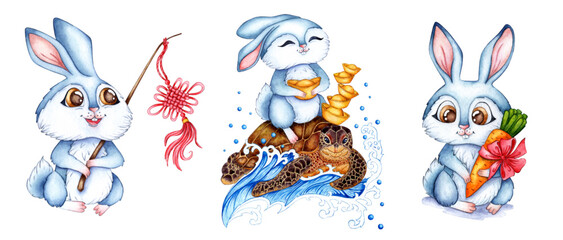 Obraz na płótnie Canvas A set of watercolor illustrations of blue rabbits with a keychain, on a turtle, with a carrot. Holiday, celebration, New Year. Ideal for t-shirts, cards, prints. Isolated on white background