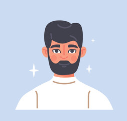Avatar or portrait of person. Young attractive brunette man with beard in stylish clothes. Office worker, teenager or entrepreneur. Design element for social networks. Cartoon flat vector illustration