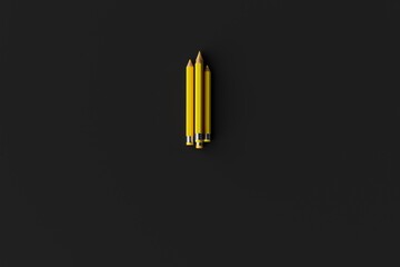 Three yellow pencils on a dark background. Concept of school, back to school. 3d render.