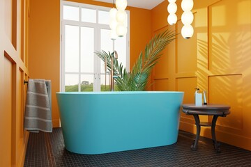 Beautiful modern bathroom with a blue bathtub and a huge window with a pastel orange color of the walls. Bathroom furnishing concept, modern bathroom. 3d rendering, 3d illustration.