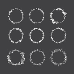 Botanical circle frame. Hand drawn round line border, leaves and flowers, wedding invitation and cards, logo design and posters template. Elegant minimal style floral vector isolated set