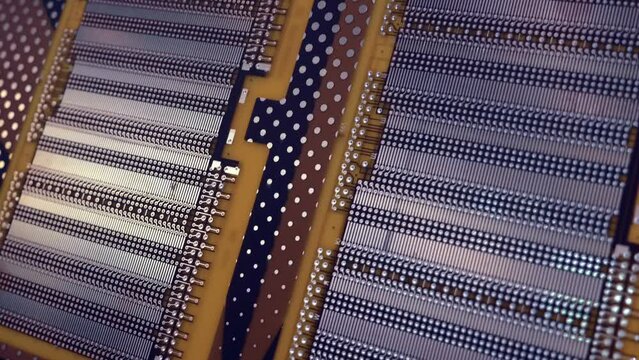 Samples of blank factory printed circuit boards (PCBA) as exhibition samples. Shot in motion. Closeup
