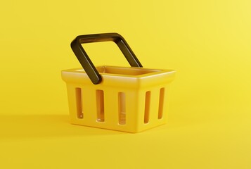 Shopping basket on a yellow background. Shopping concept, Black friday. Shopping basket empty. 3D render, 3D illustration.