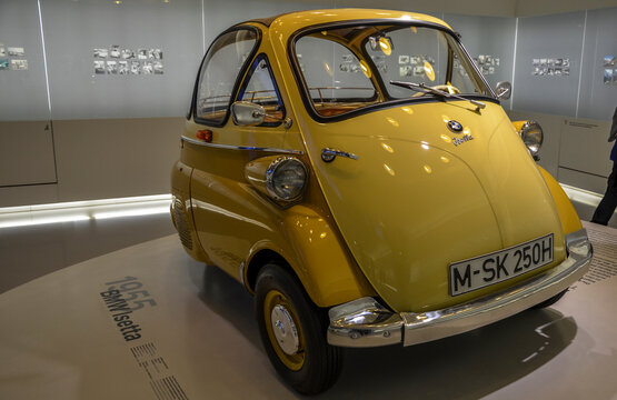First mass-production single-cylinder  3-Litres car BMW Isetta year 1955 display at the BMW Museum, Munich, Germany
