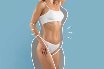 Weightloss. Slim Lady In Underwear With Drawn Silhouette Of Her Ex Figure