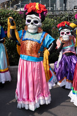 Fototapeta na wymiar Mexican Catrina as they name an elegant deceased woman in the Day of the Dead festival. Posing to represent and honor the death but loved ones. 