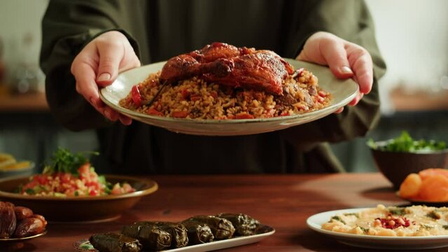 Kabsa Close-up, Rice And Meat Dish, Saudi Arabia National Traditional Food. Muslim Family Dinner, Ramadan, Iftar. Arabian Cuisine. Religious Holiday, Holy Month.