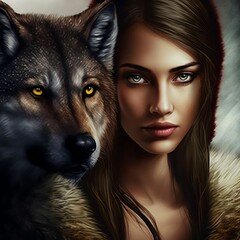 White Woman With Wolf | Fantasy Fiction Spirit Animal Concept | Midjourney Ai Generated