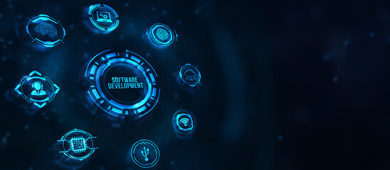 Internet, business, Technology and network concept. Inscription Software Development on the virtual display. 3d illustration.