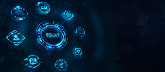 Internet, business, Technology and network concept. Inscription MOBILE APPS DEVELOPMENT on the virtual display. Cloud technology concept. 3d illustration.