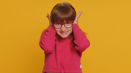 Dont want to hear, listen. Frustrated annoyed irritated young toddler school girl in glasses...