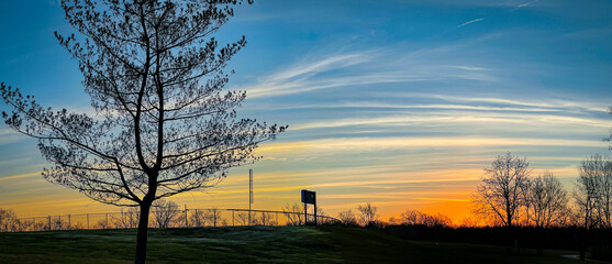 Bright orange sunrise in a park with sports field behind autumn tree.