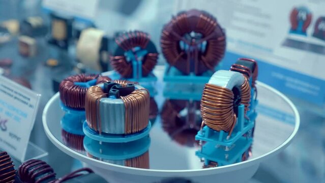 New electric coils - toroidal transformers of different power on a rotating object table. Closeup