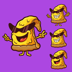 set of funny radical shades pizza cheese food mascot cartoon character vector illustration on a purple  background