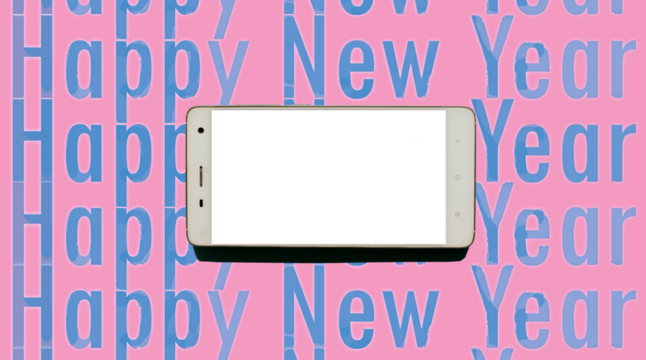 White smartphone isolated on word text happy new year and pink background. Full frame. Banner