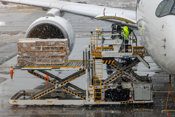 Loading a plane before take off at a airport when snowing
