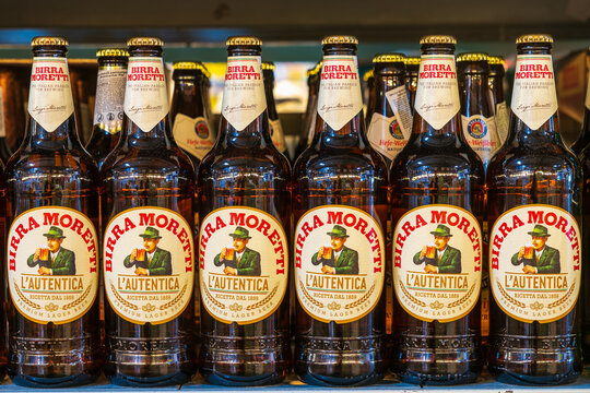 Beer Birra Moretti. Goods in the supermarket. June 15, 2022 Balti Moldova.
