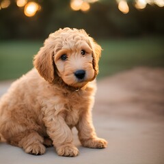 Goldendoodle puppy sitting outside looking at camera - obrazy, fototapety, plakaty