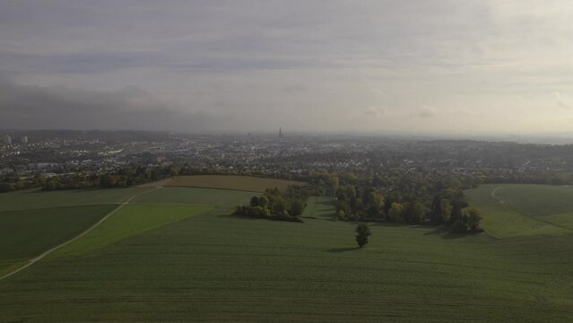 Approaching city of Ulm from a forest on a morning in autumn aerial time lapse