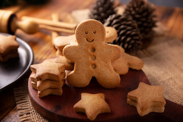 Fototapeta na wymiar Homemade gingerbread man cookies, traditionally made at Christmas and the holidays.